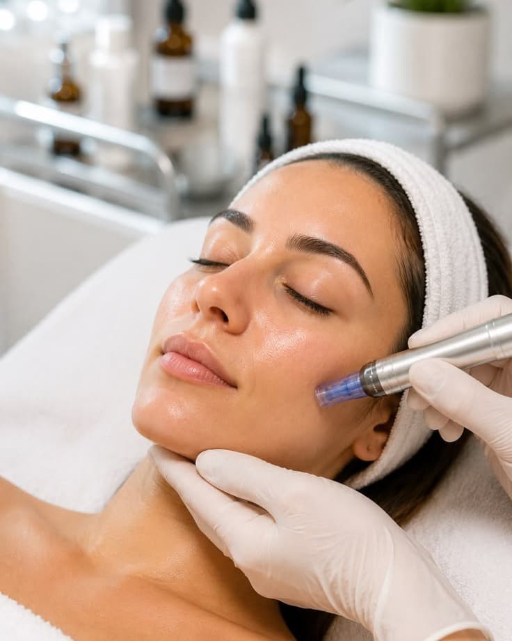 Microneedling: kosmetička v rukavicích vede pero s mikrojehličkami po tváři ležící klientky